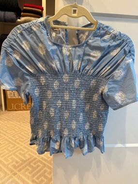 Light Blue Smocked Short Sleeve Top with White Floral Print